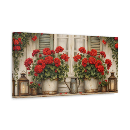 Side Mockup 3. Floral Geraniums Red Geraniums shown as stretched canvas wall art