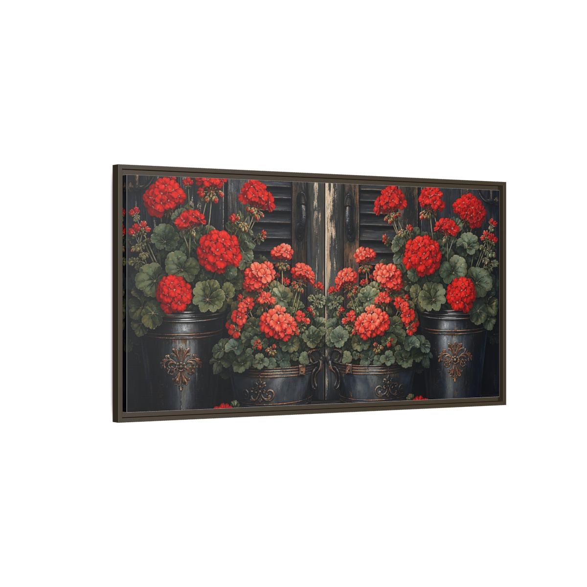 Side Mockup 4. Floral Geraniums Red Geraniums shown as stretched canvas wall art