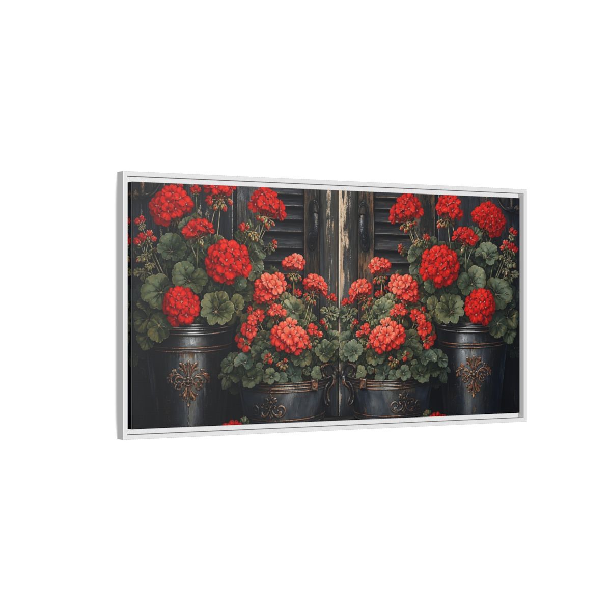 Side Mockup 3. Floral Geraniums Red Geraniums shown as stretched canvas wall art
