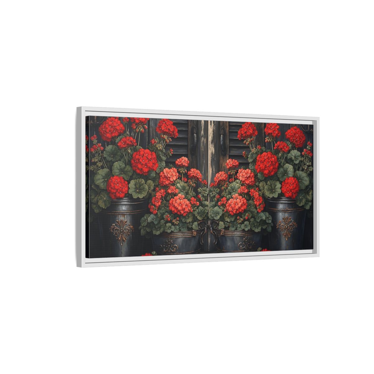 Side Mockup 1. Floral Geraniums Red Geraniums shown as stretched canvas wall art