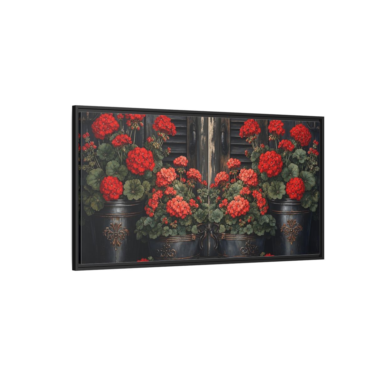 Side Mockup 5. Floral Geraniums Red Geraniums shown as stretched canvas wall art