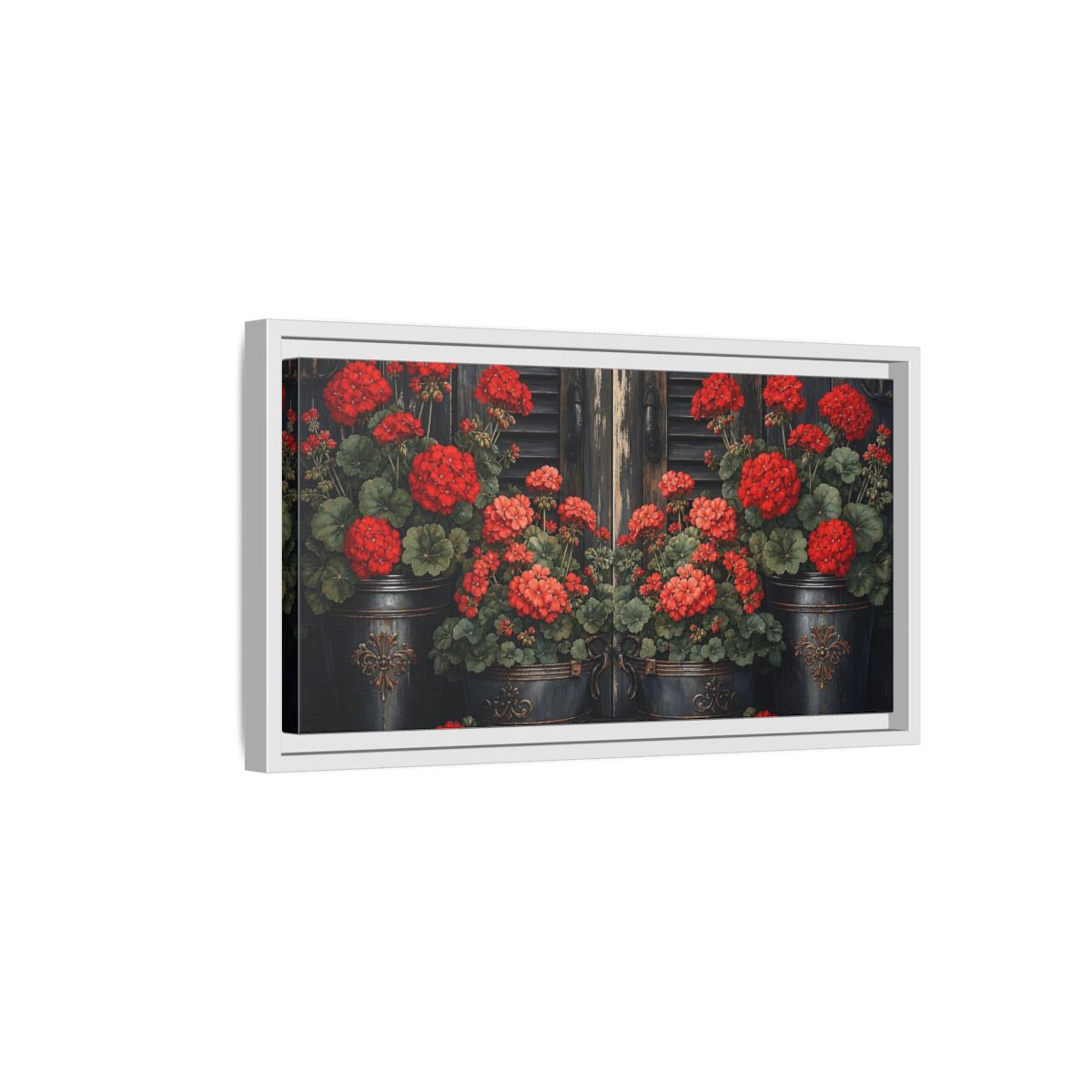 Side Mockup 6. Floral Geraniums Red Geraniums shown as stretched canvas wall art