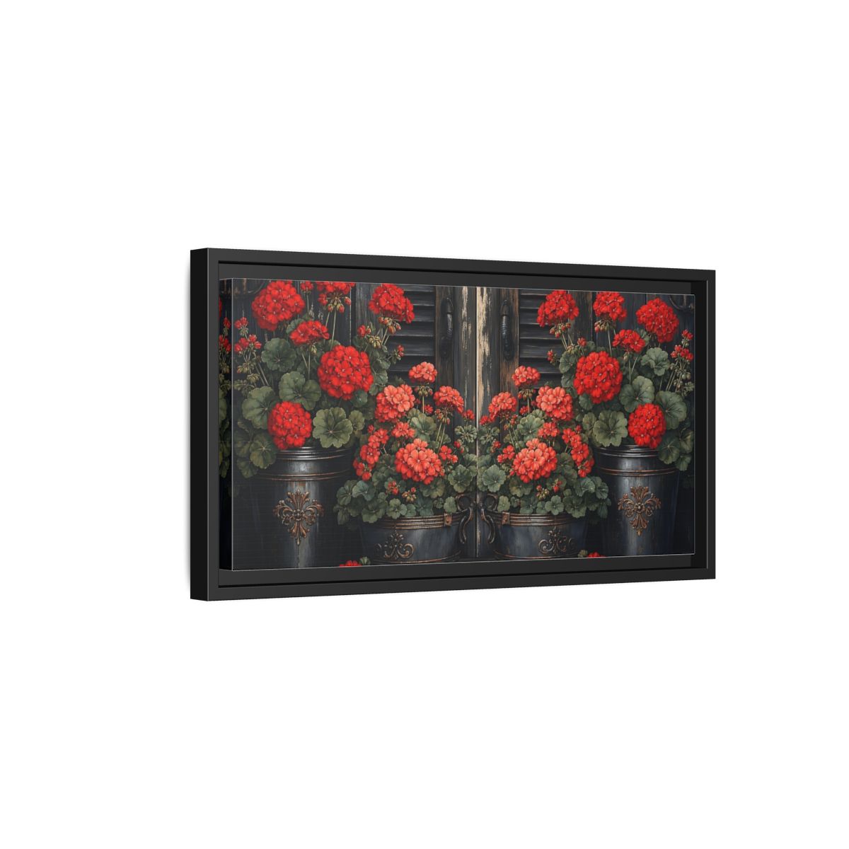 Side Mockup 8. Floral Geraniums Red Geraniums shown as stretched canvas wall art