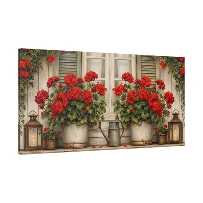 Main Mockup. Floral Geraniums Red Geraniums shown as stretched canvas wall art