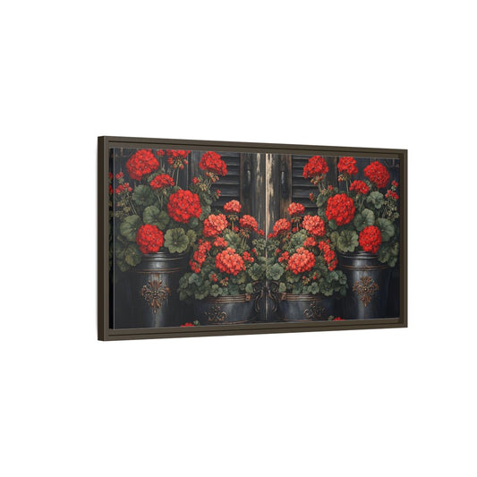 Main Mockup. Floral Geraniums Red Geraniums shown as stretched canvas wall art