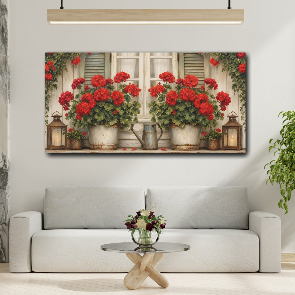 Mockup 2. Floral Geraniums Red Geraniums shown as stretched canvas wall art