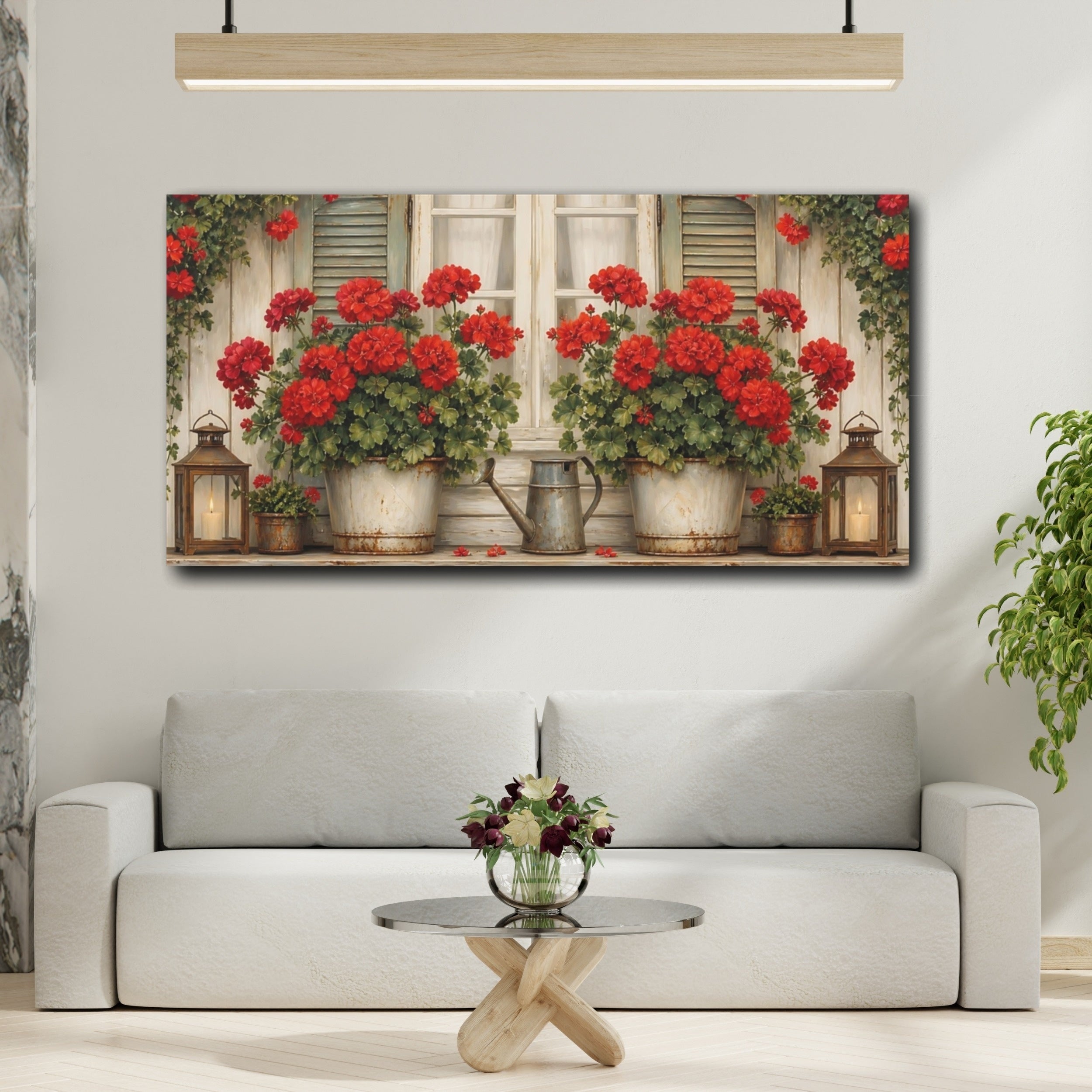 Mockup 2. Floral Geraniums Red Geraniums shown as stretched canvas wall art