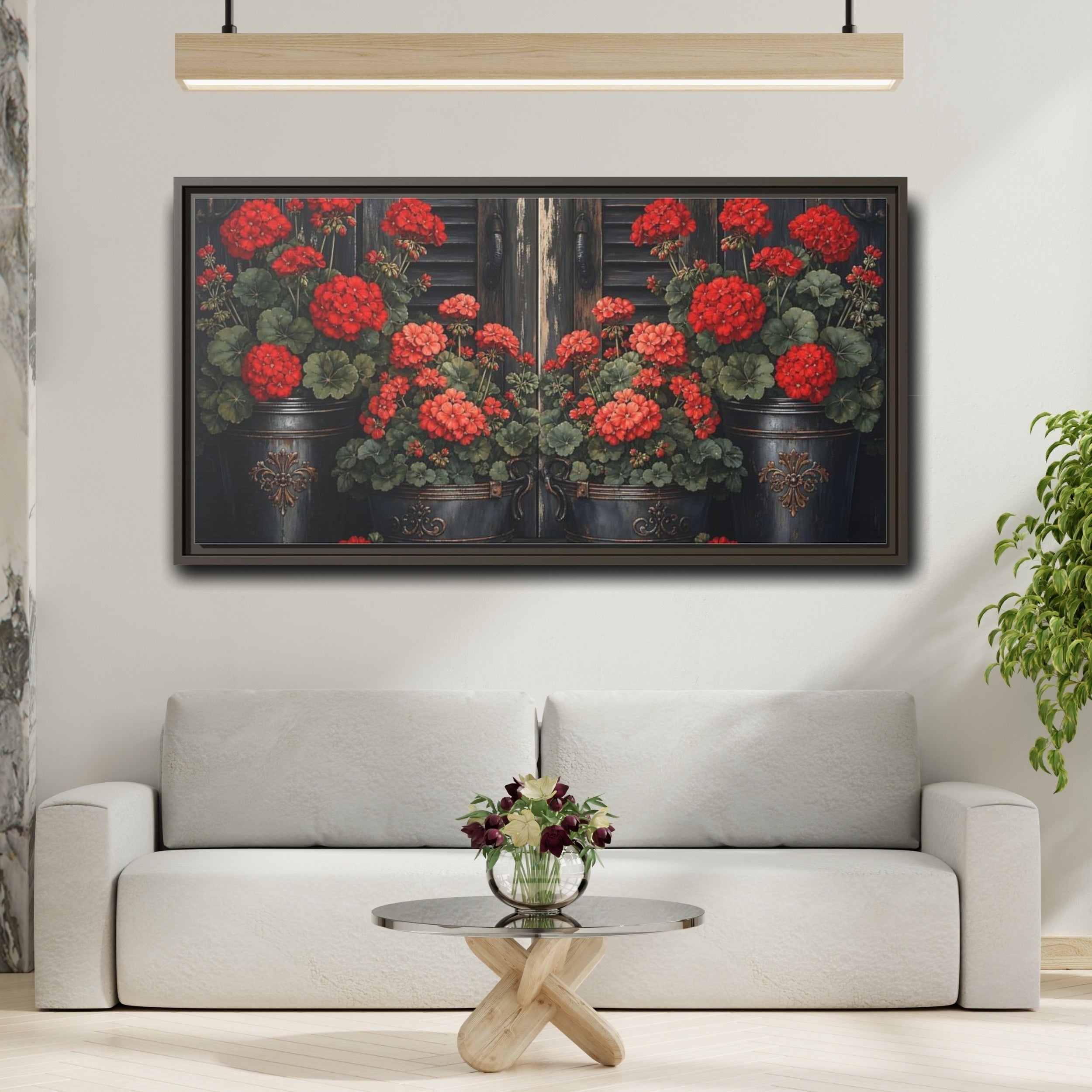 Mockup 2. Floral Geraniums Red Geraniums shown as stretched canvas wall art