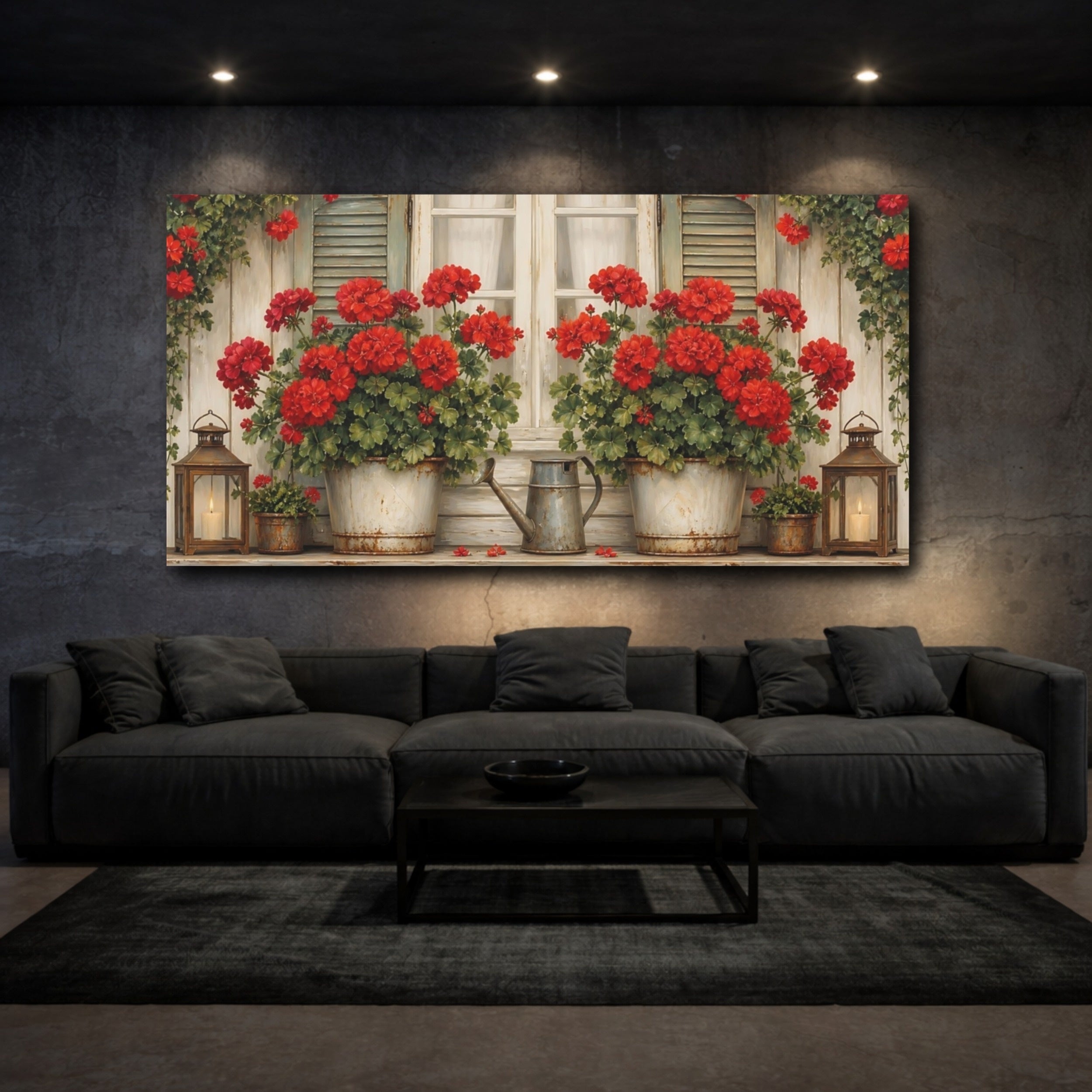 Mockup 3. Floral Geraniums Red Geraniums shown as stretched canvas wall art