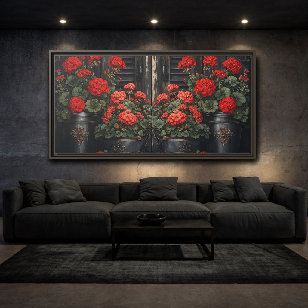 Mockup 3. Floral Geraniums Red Geraniums shown as stretched canvas wall art