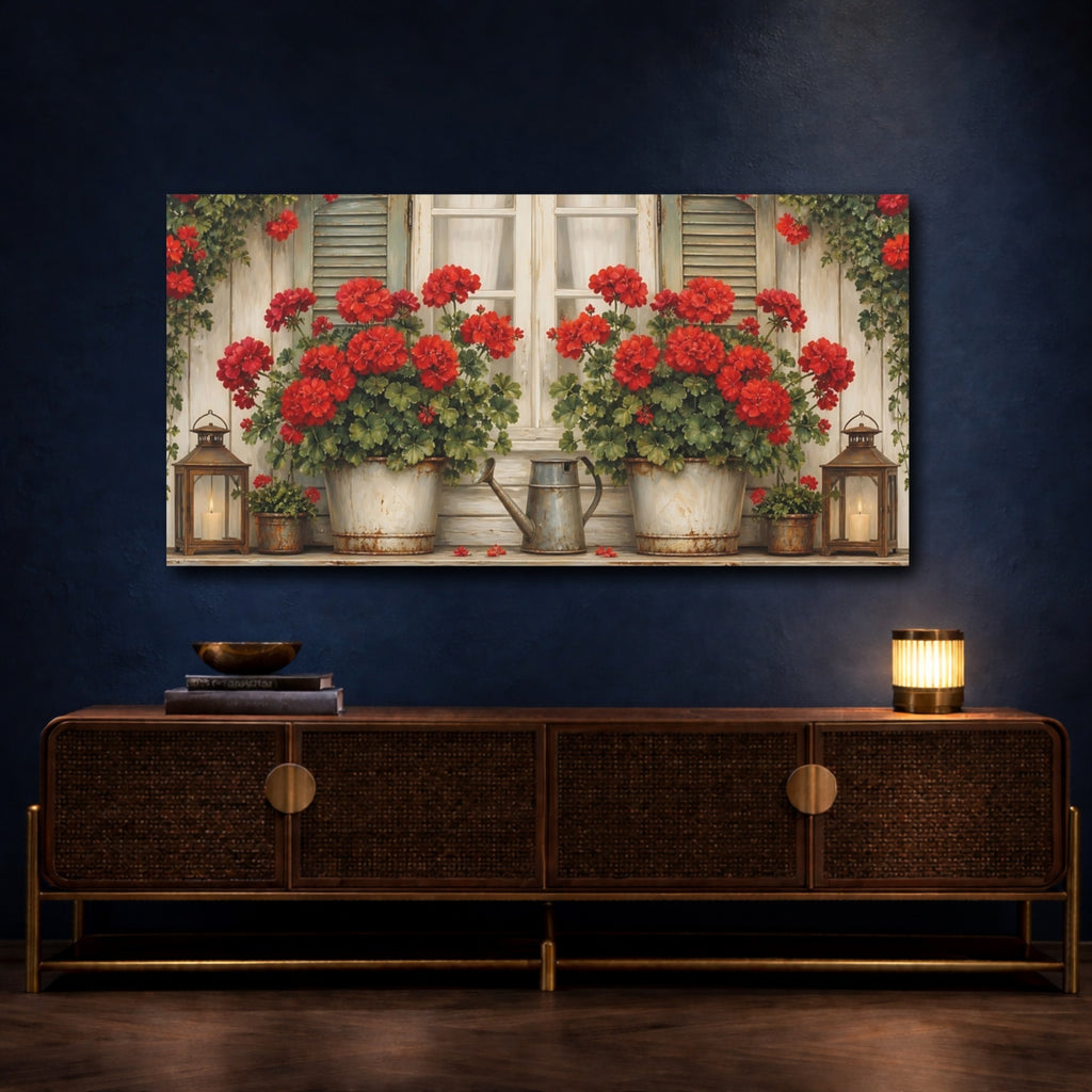 Mockup 4. Floral Geraniums Red Geraniums shown as stretched canvas wall art