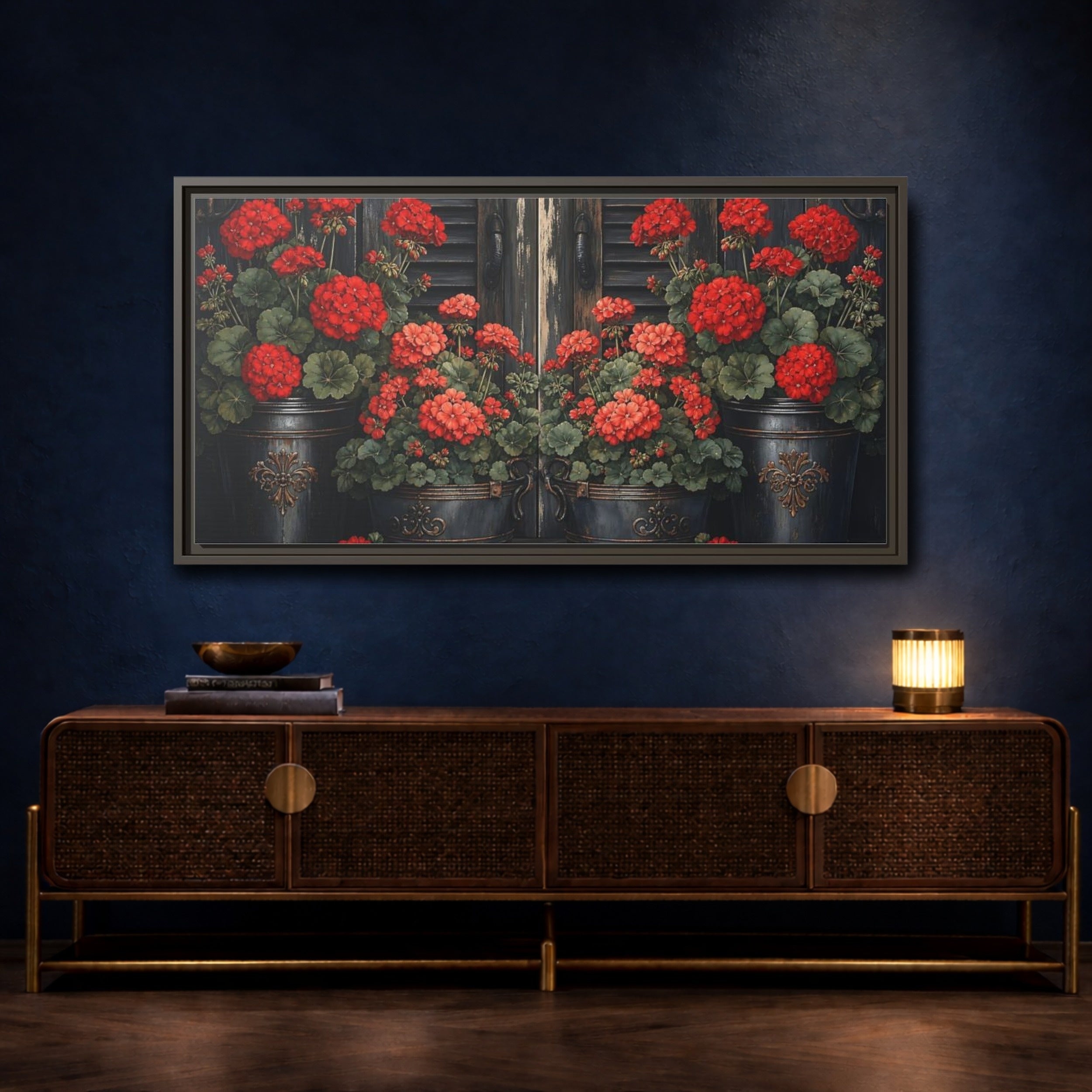 Mockup 4. Floral Geraniums Red Geraniums shown as stretched canvas wall art