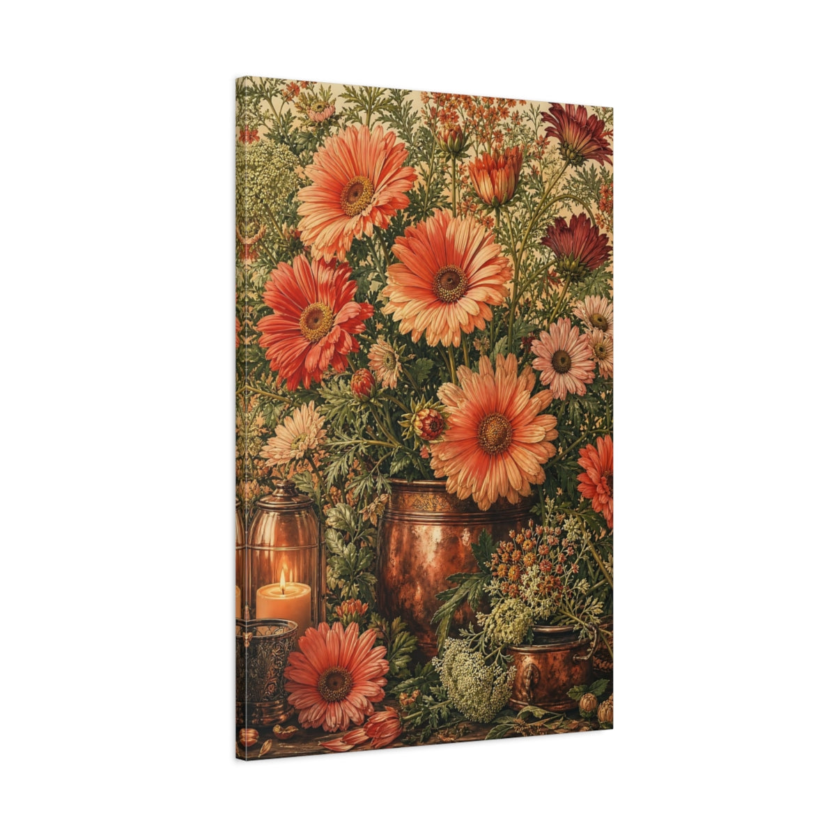 Main Mockup. Floral Gerbera Daisies Orange And Green shown as stretched canvas wall art