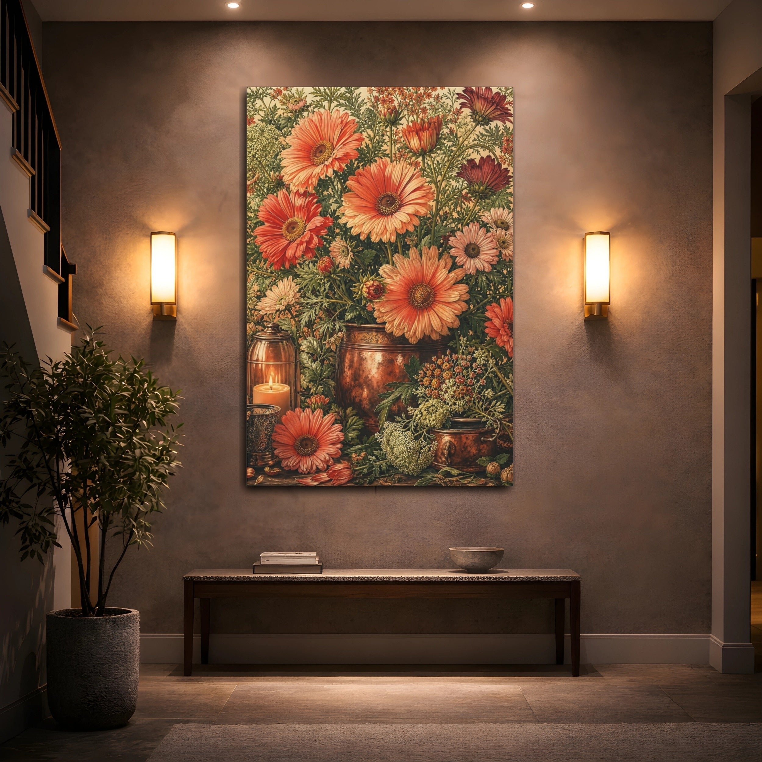 Mockup 2. Floral Gerbera Daisies Orange And Green shown as stretched canvas wall art