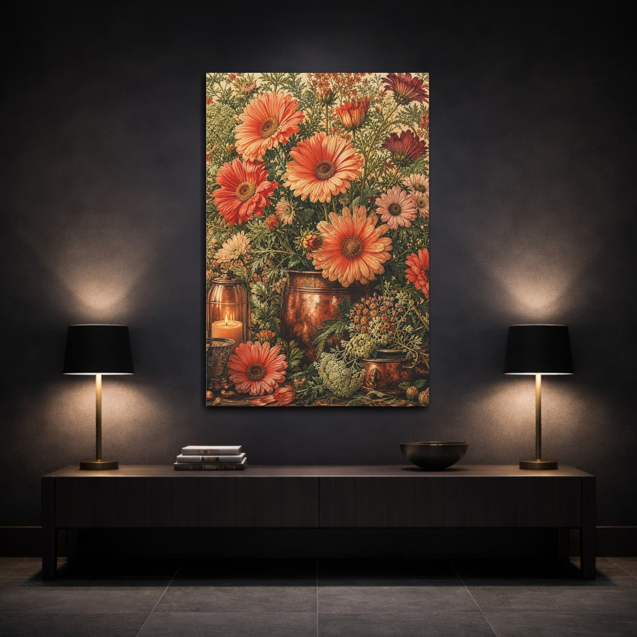 Mockup 3. Floral Gerbera Daisies Orange And Green shown as stretched canvas wall art
