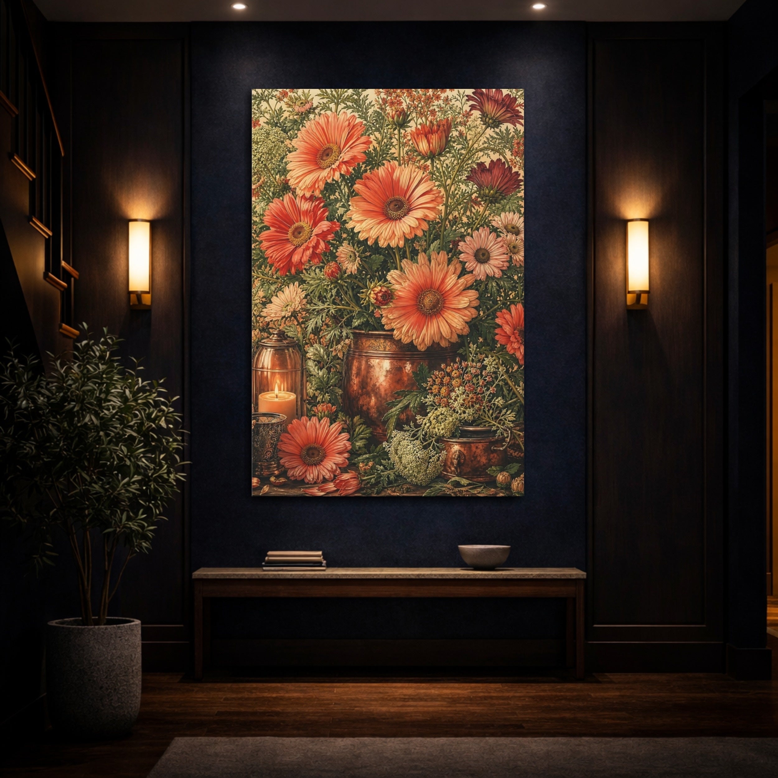 Mockup 4. Floral Gerbera Daisies Orange And Green shown as stretched canvas wall art