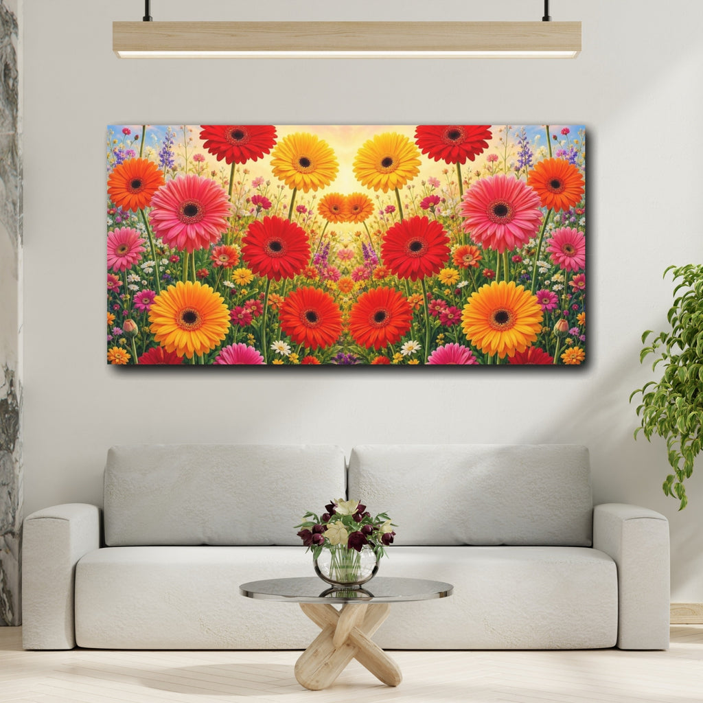 Mockup 2. Floral Gerbera Daisies Vibrant Floral shown as stretched canvas wall art