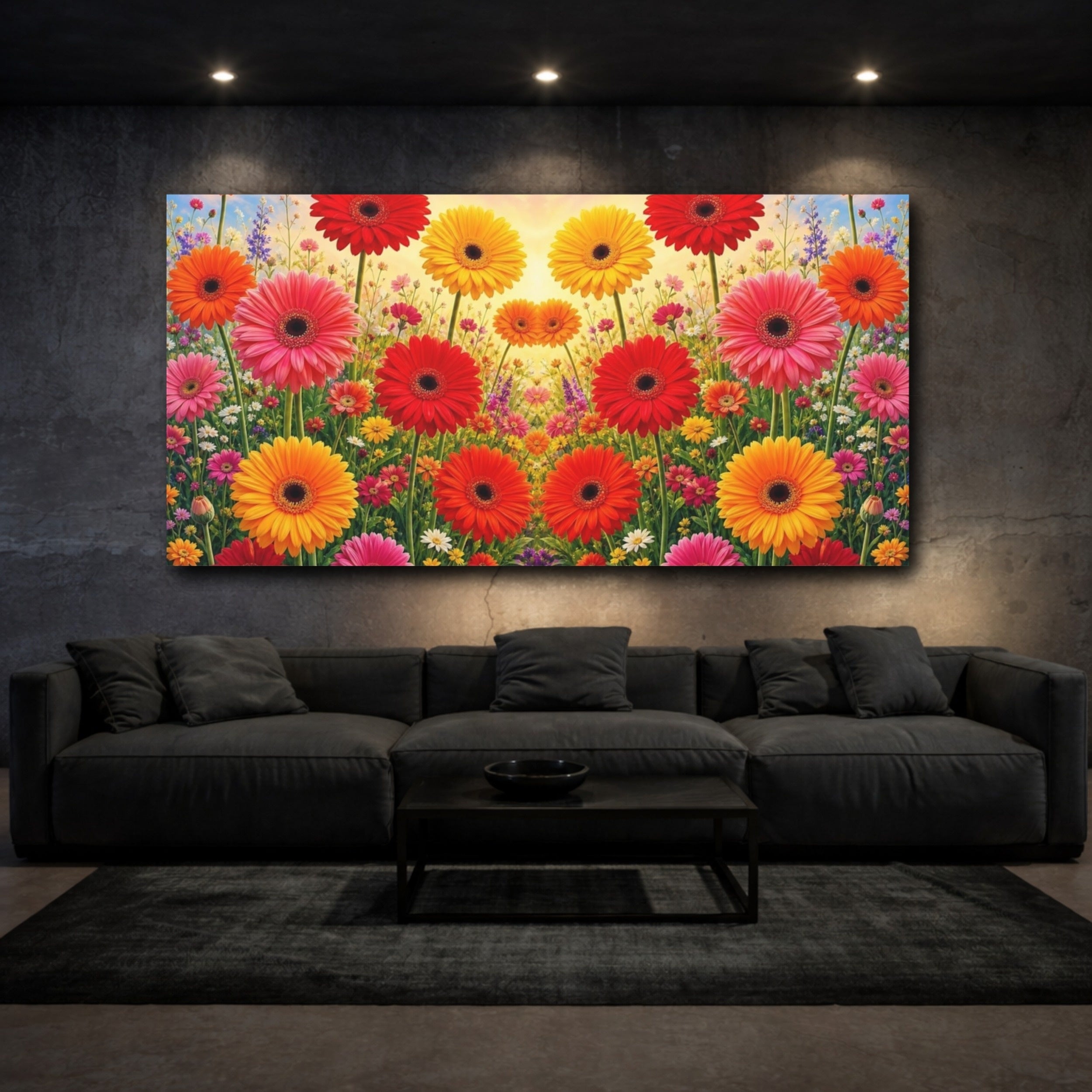Mockup 3. Floral Gerbera Daisies Vibrant Floral shown as stretched canvas wall art