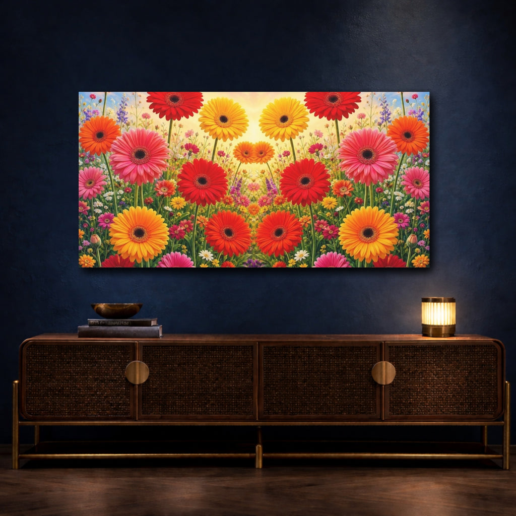 Mockup 4. Floral Gerbera Daisies Vibrant Floral shown as stretched canvas wall art