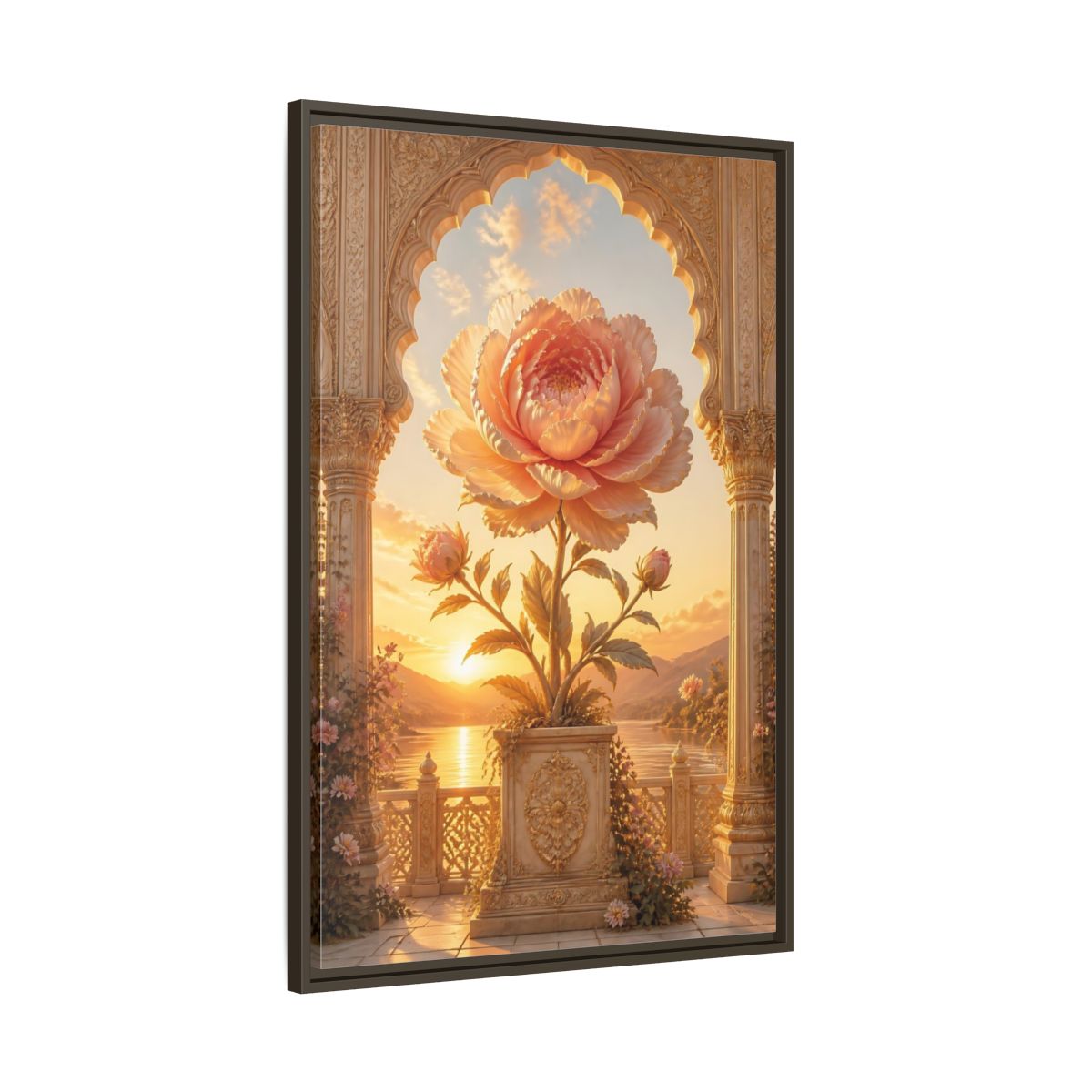 Main Mockup. Floral Giant Peony Pink And Gold Floral shown as stretched canvas wall art