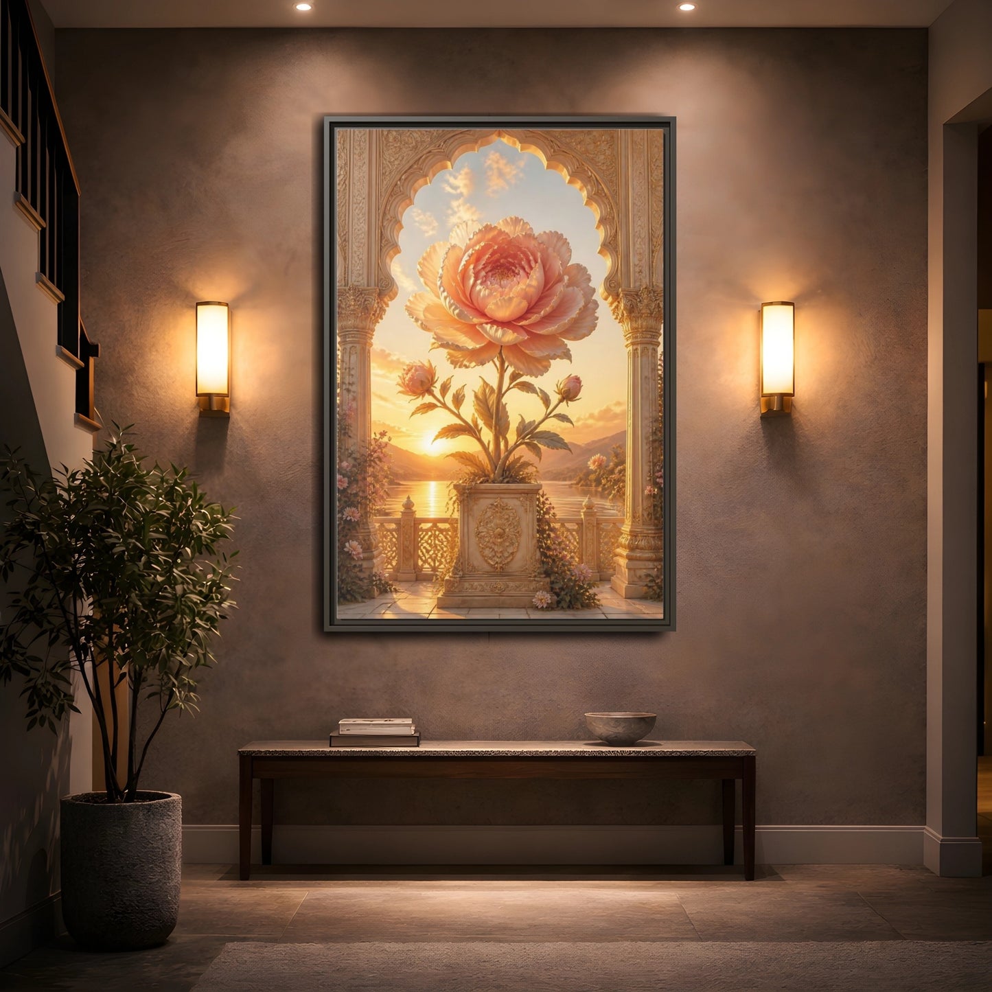 Mockup 2. Floral Giant Peony Pink And Gold Floral shown as stretched canvas wall art
