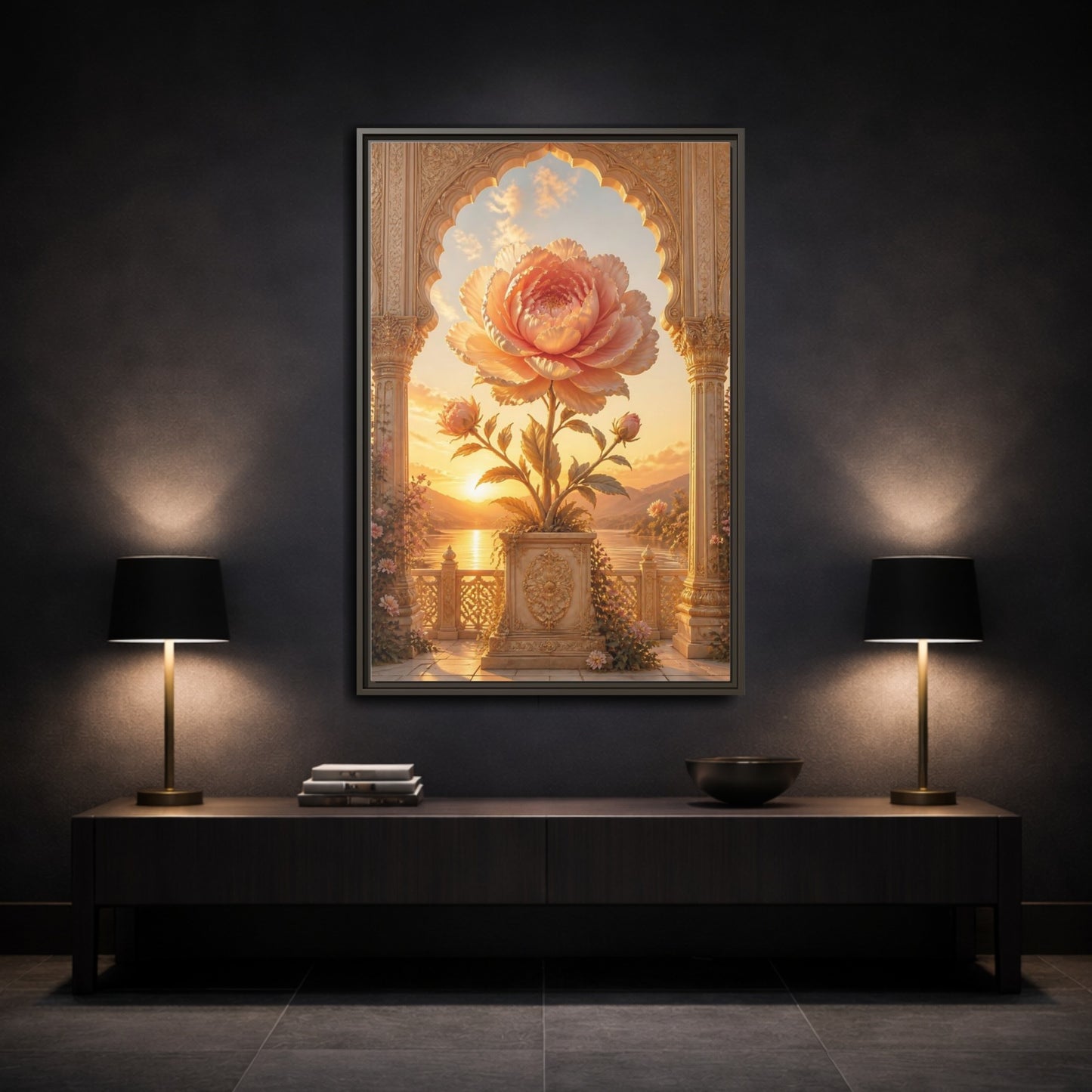 Mockup 3. Floral Giant Peony Pink And Gold Floral shown as stretched canvas wall art