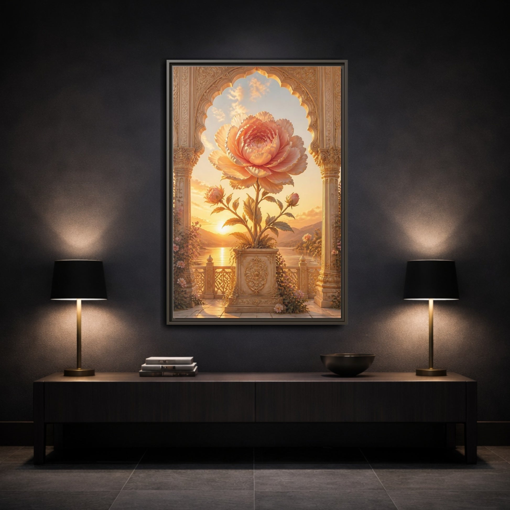 Mockup 3. Floral Giant Peony Pink And Gold Floral shown as stretched canvas wall art