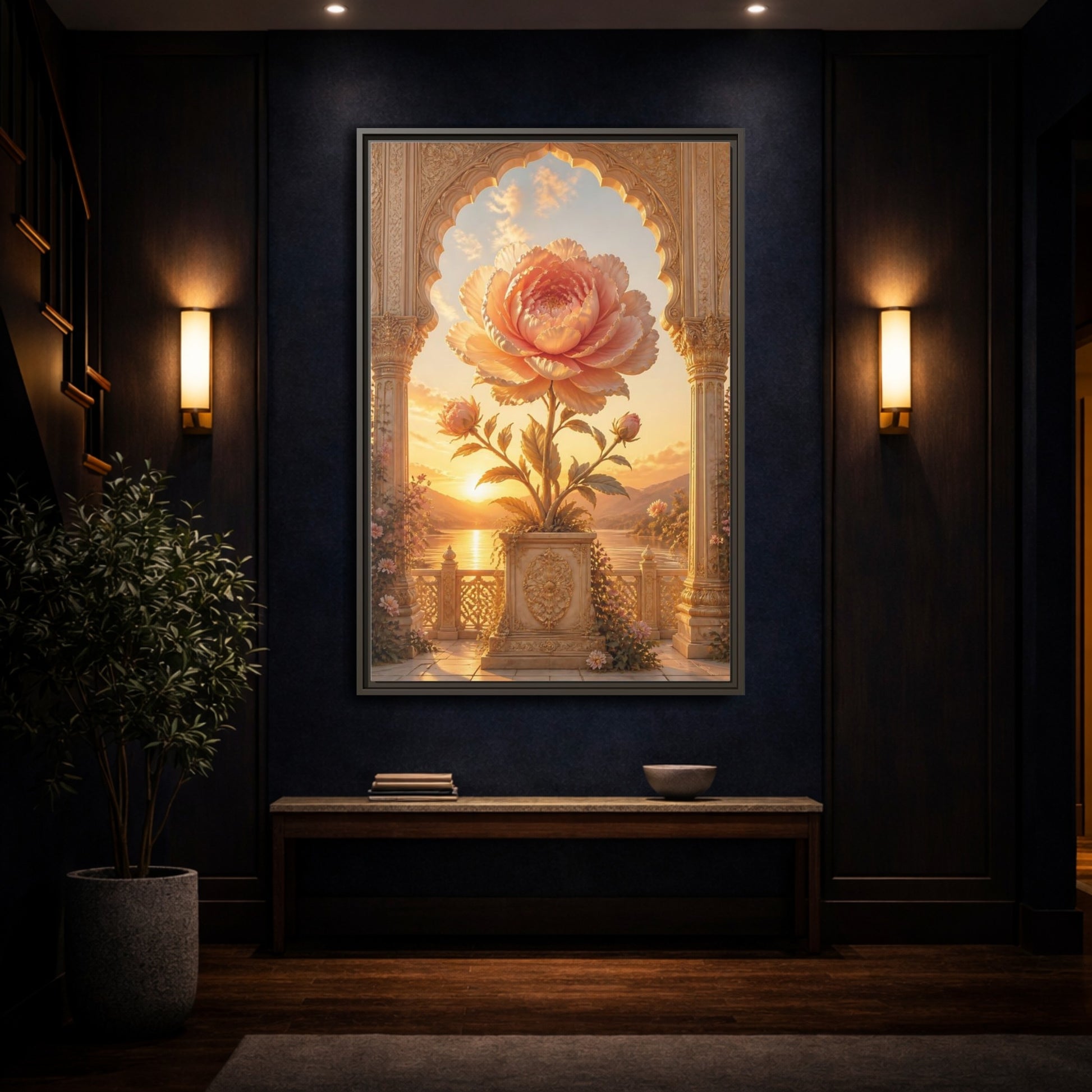 Mockup 4. Floral Giant Peony Pink And Gold Floral shown as stretched canvas wall art