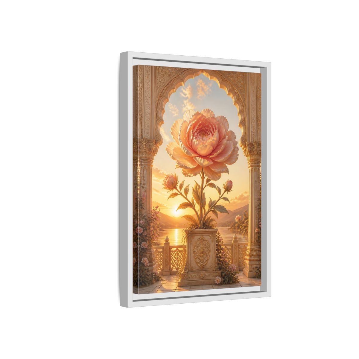 Side Mockup 4. Floral Giant Peony Pink And Gold Floral shown as stretched canvas wall art