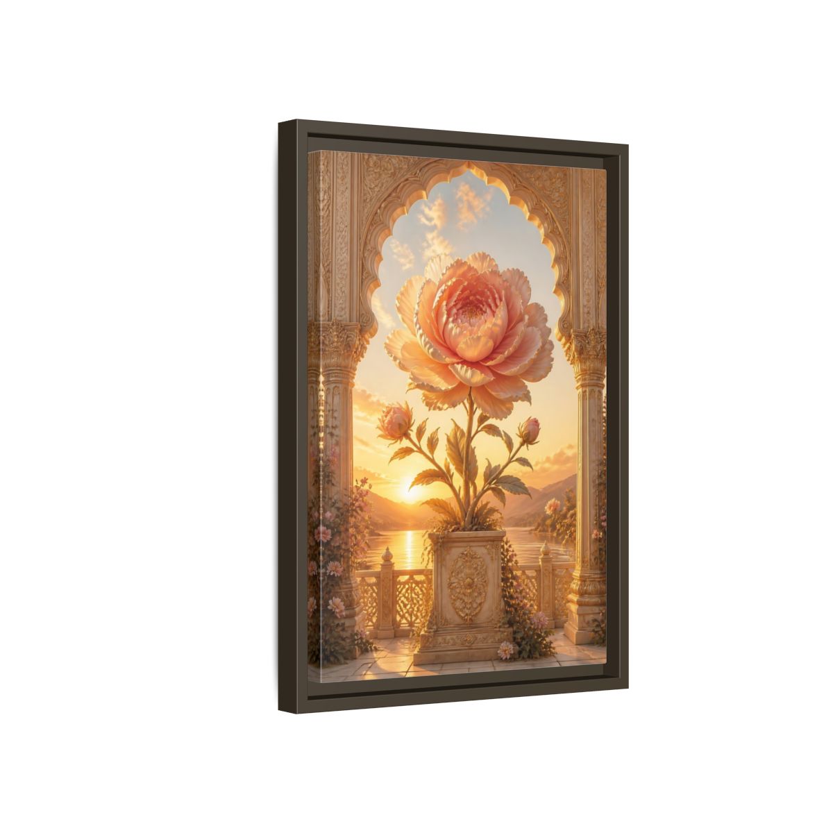 Side Mockup 5. Floral Giant Peony Pink And Gold Floral shown as stretched canvas wall art