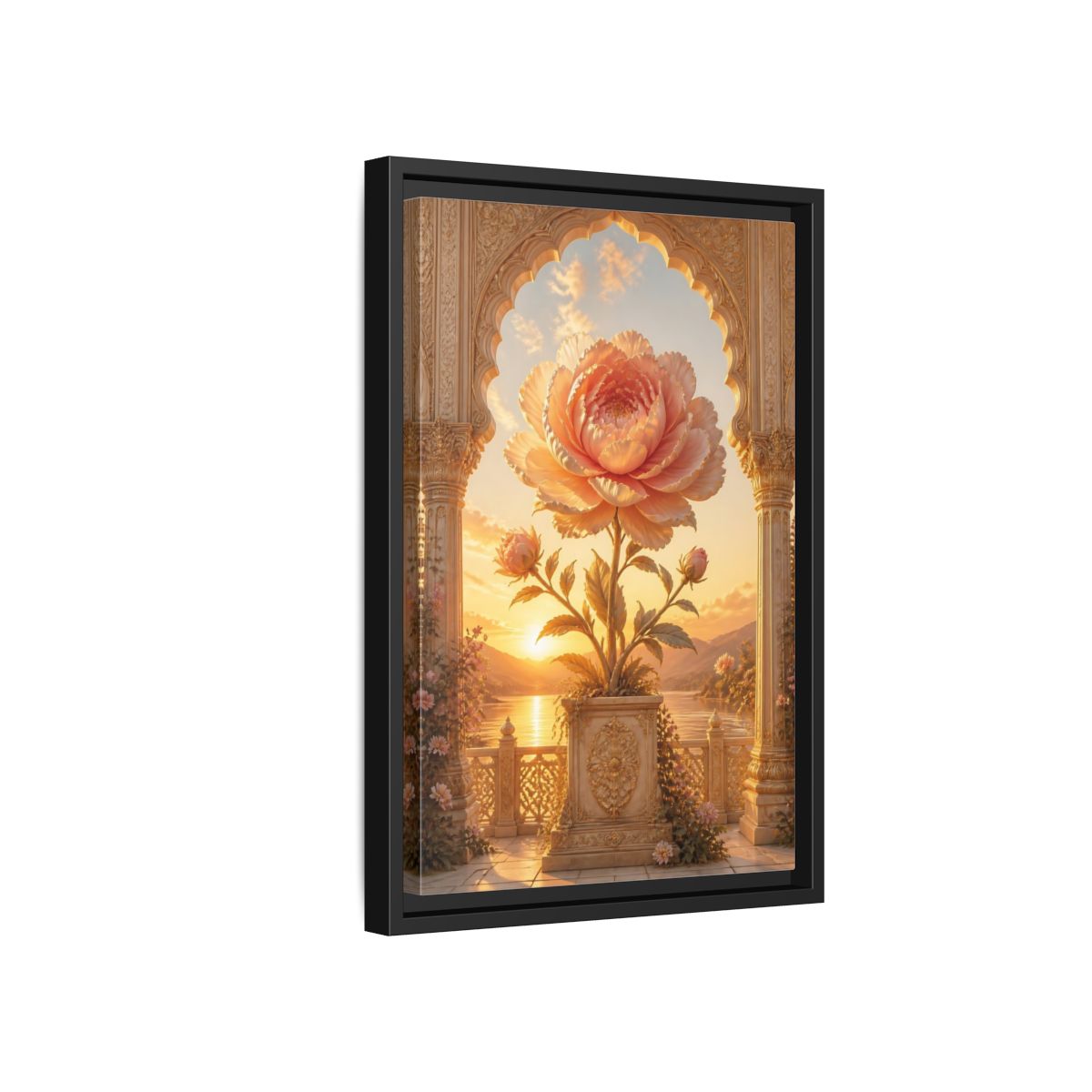 Side Mockup 6. Floral Giant Peony Pink And Gold Floral shown as stretched canvas wall art