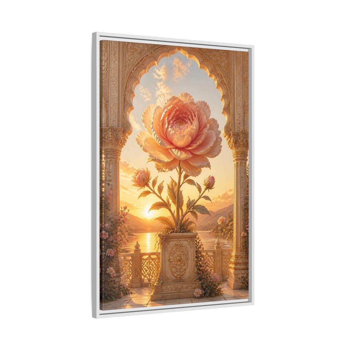 Side Mockup 9. Floral Giant Peony Pink And Gold Floral shown as stretched canvas wall art