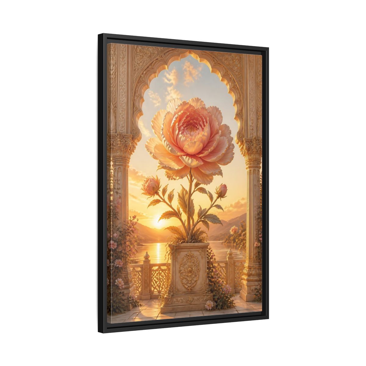 Side Mockup 14. Floral Giant Peony Pink And Gold Floral shown as stretched canvas wall art