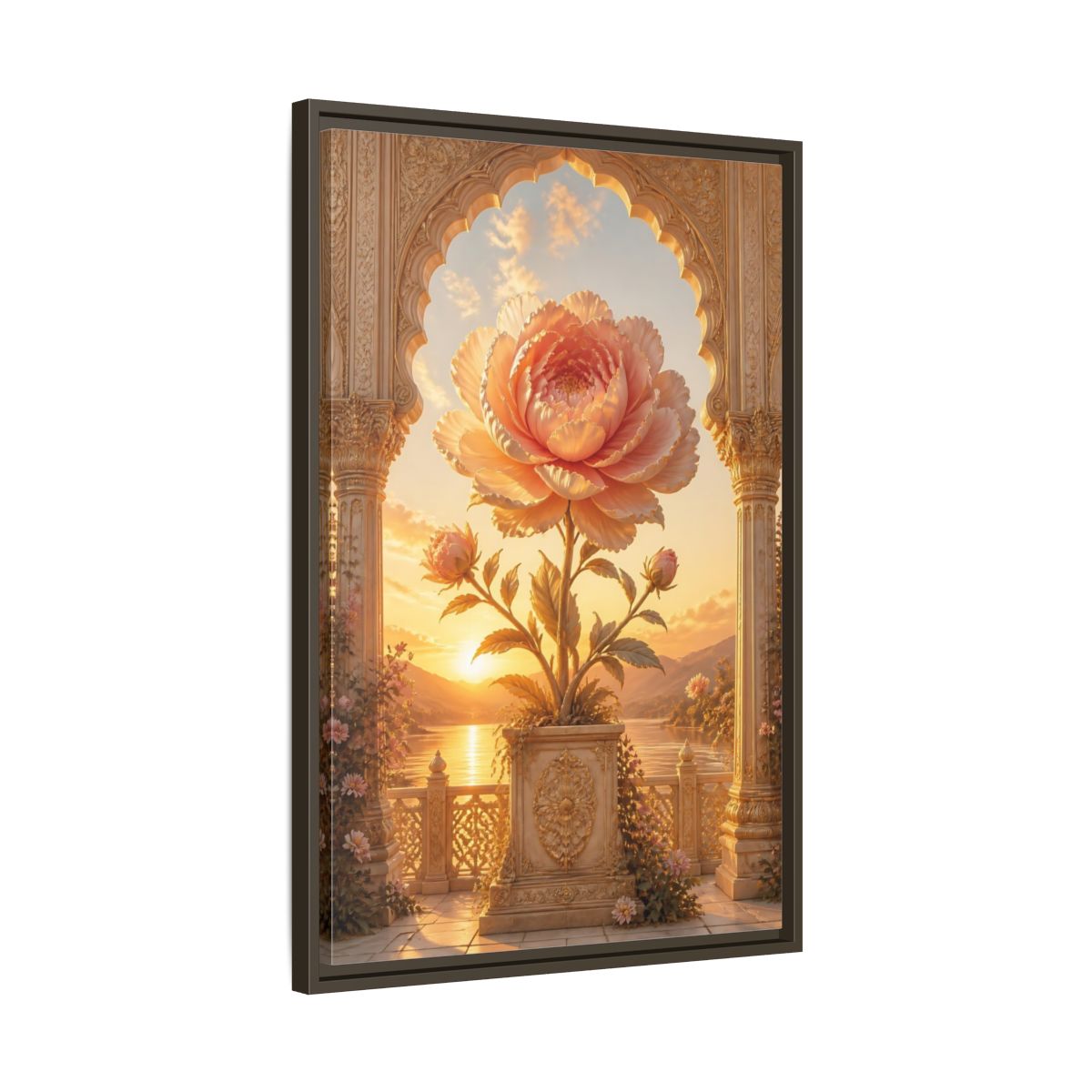 Side Mockup 11. Floral Giant Peony Pink And Gold Floral shown as stretched canvas wall art