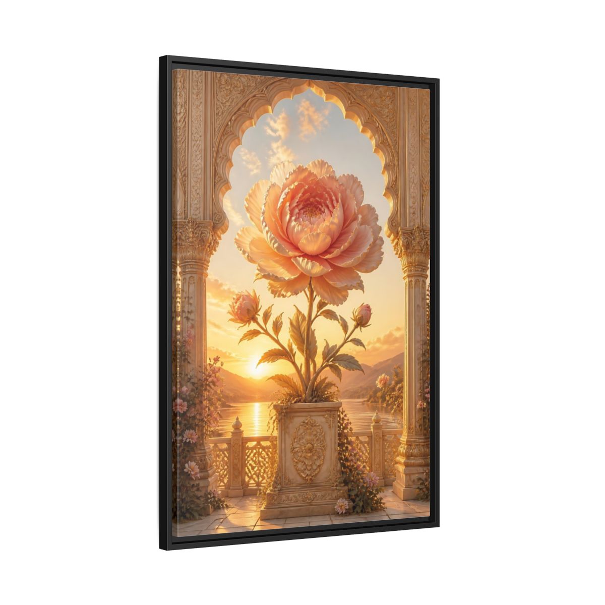 Side Mockup 13. Floral Giant Peony Pink And Gold Floral shown as stretched canvas wall art