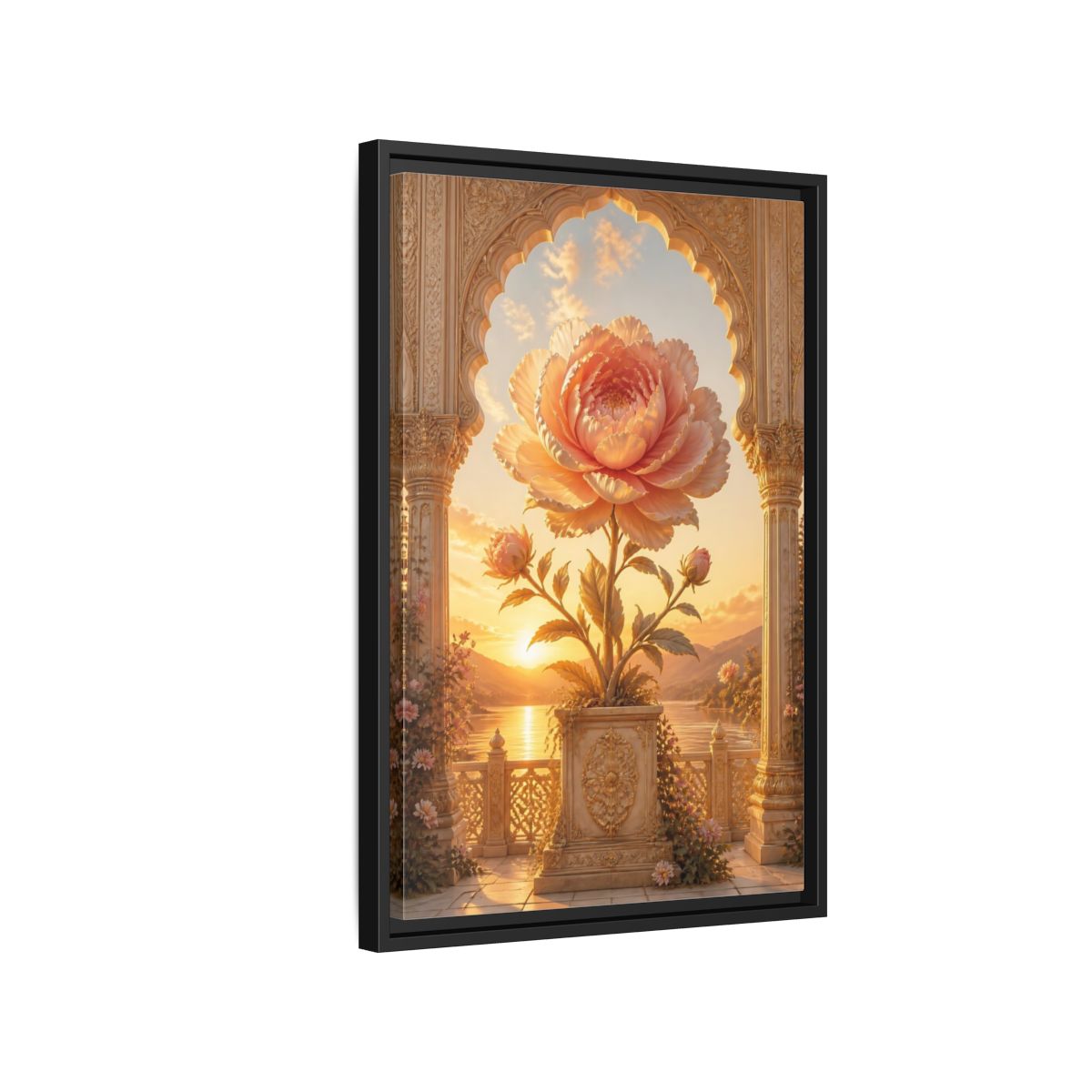 Side Mockup 3. Floral Giant Peony Pink And Gold Floral shown as stretched canvas wall art