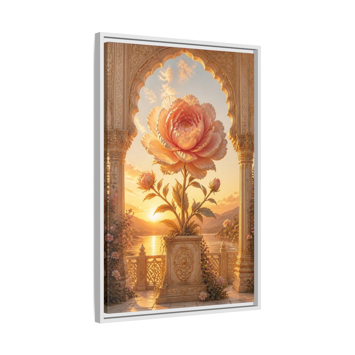 Side Mockup 10. Floral Giant Peony Pink And Gold Floral shown as stretched canvas wall art