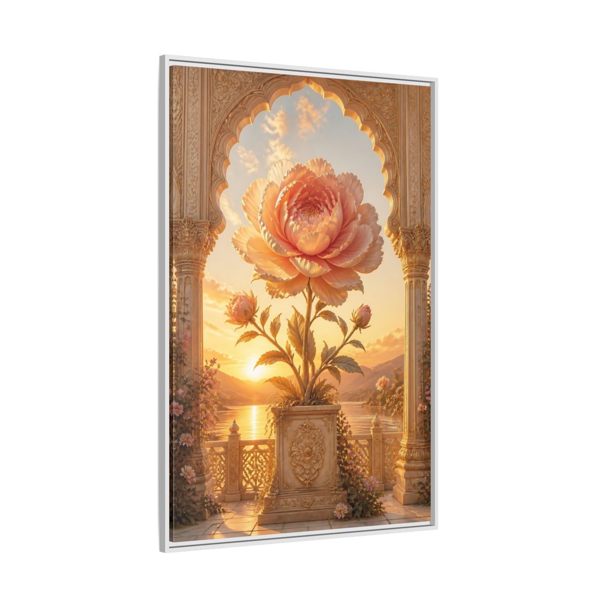 Side Mockup 7. Floral Giant Peony Pink And Gold Floral shown as stretched canvas wall art
