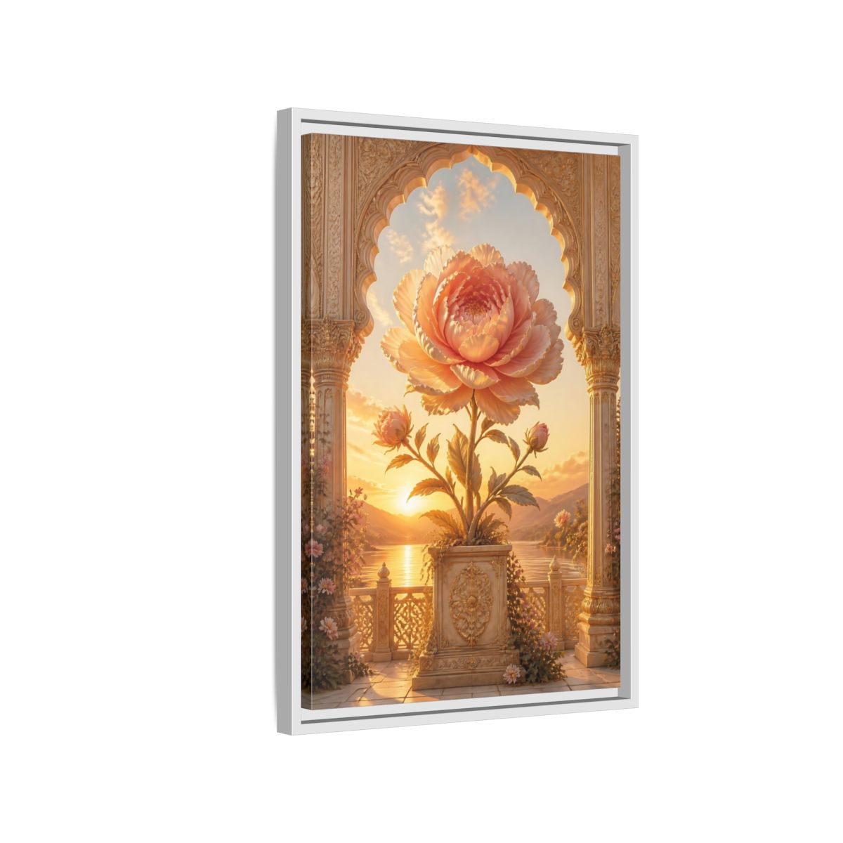 Side Mockup 1. Floral Giant Peony Pink And Gold Floral shown as stretched canvas wall art