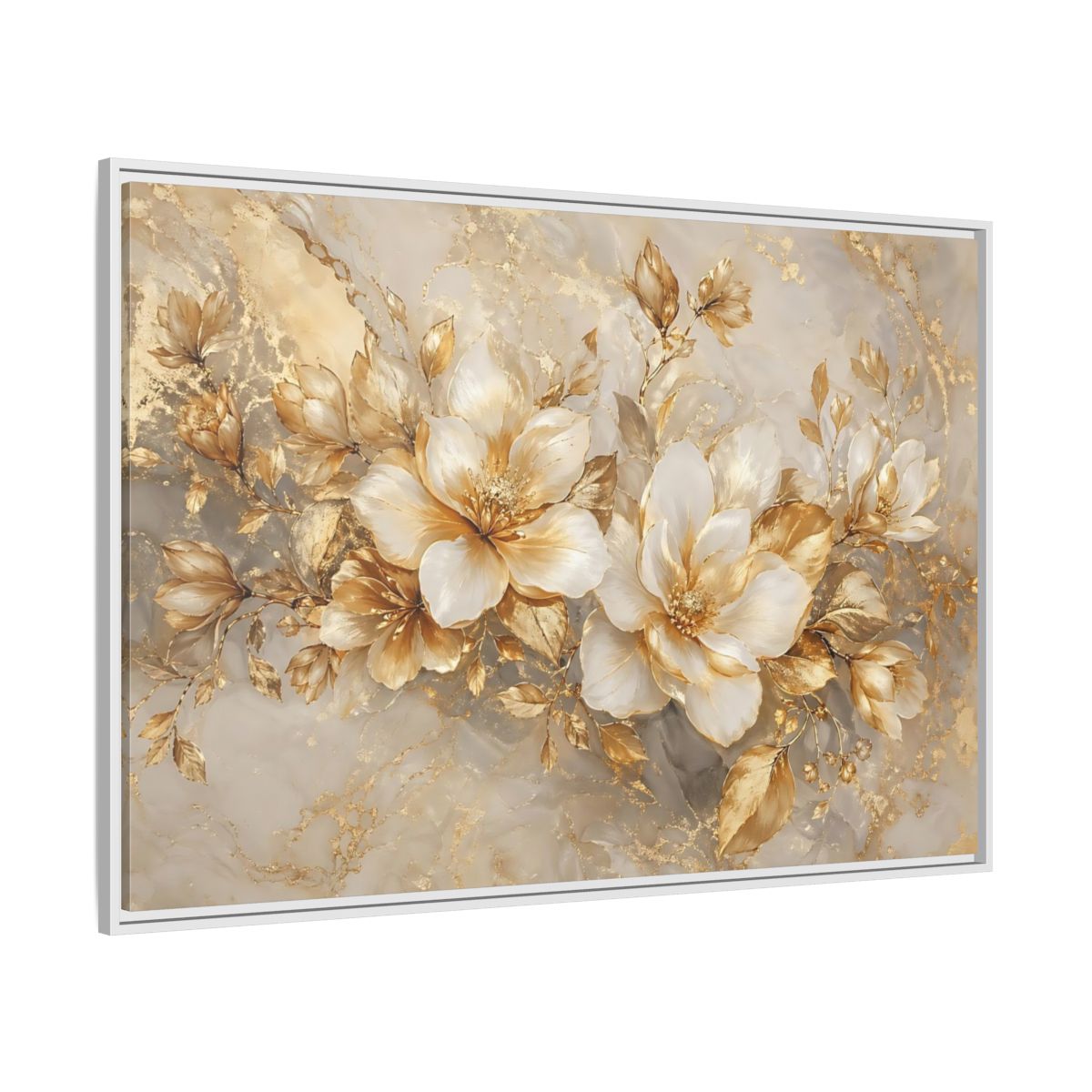 Side Mockup 7. Floral Gold Flowers Gold And White Floral shown as stretched canvas wall art