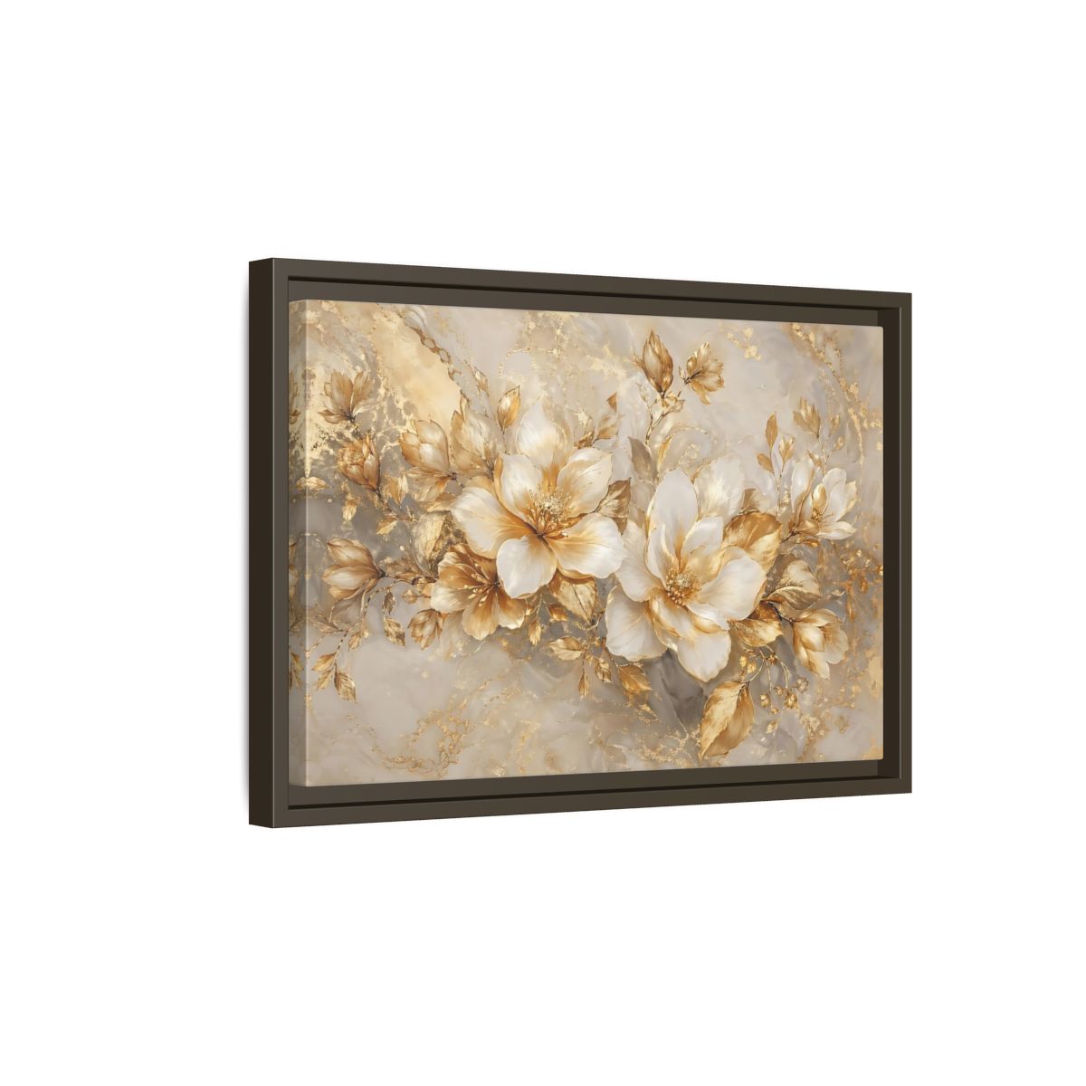 Side Mockup 5. Floral Gold Flowers Gold And White Floral shown as stretched canvas wall art