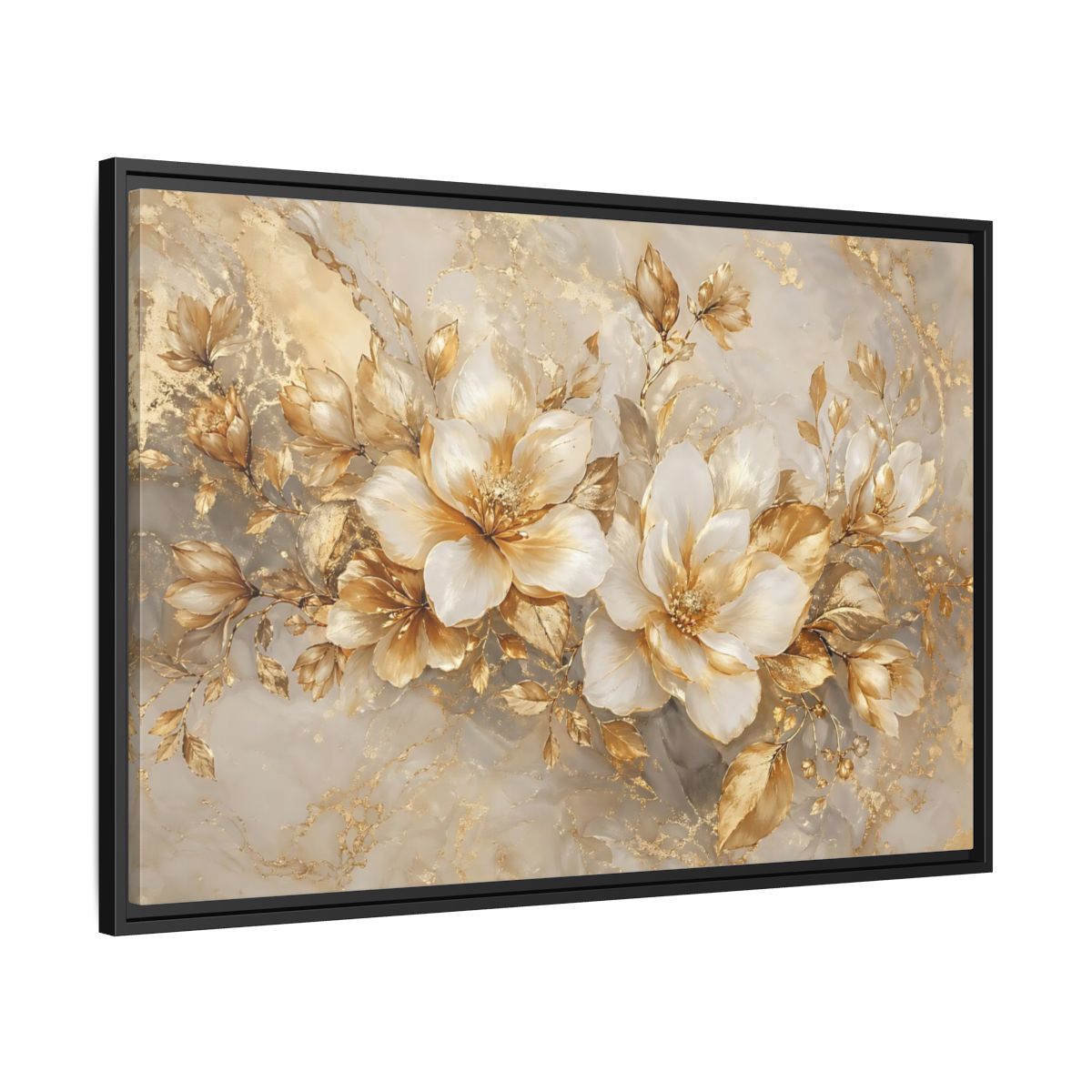 Side Mockup 13. Floral Gold Flowers Gold And White Floral shown as stretched canvas wall art