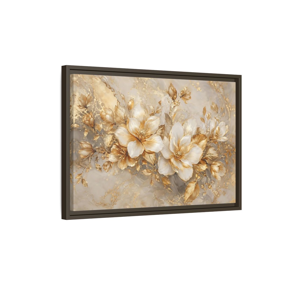 Side Mockup 2. Floral Gold Flowers Gold And White Floral shown as stretched canvas wall art