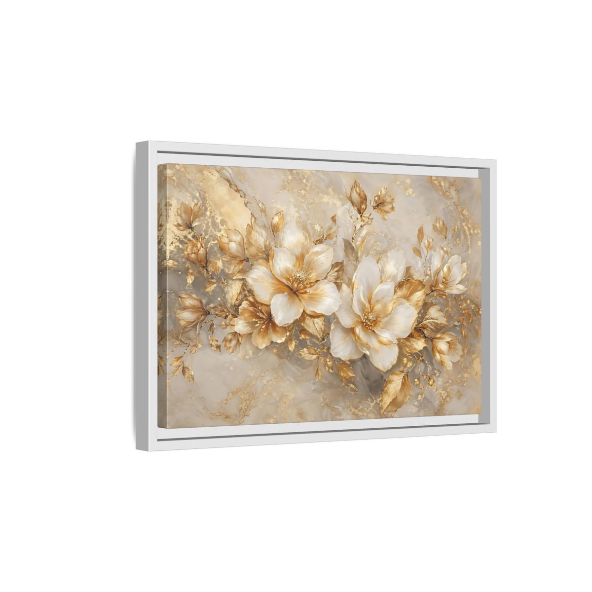 Side Mockup 4. Floral Gold Flowers Gold And White Floral shown as stretched canvas wall art