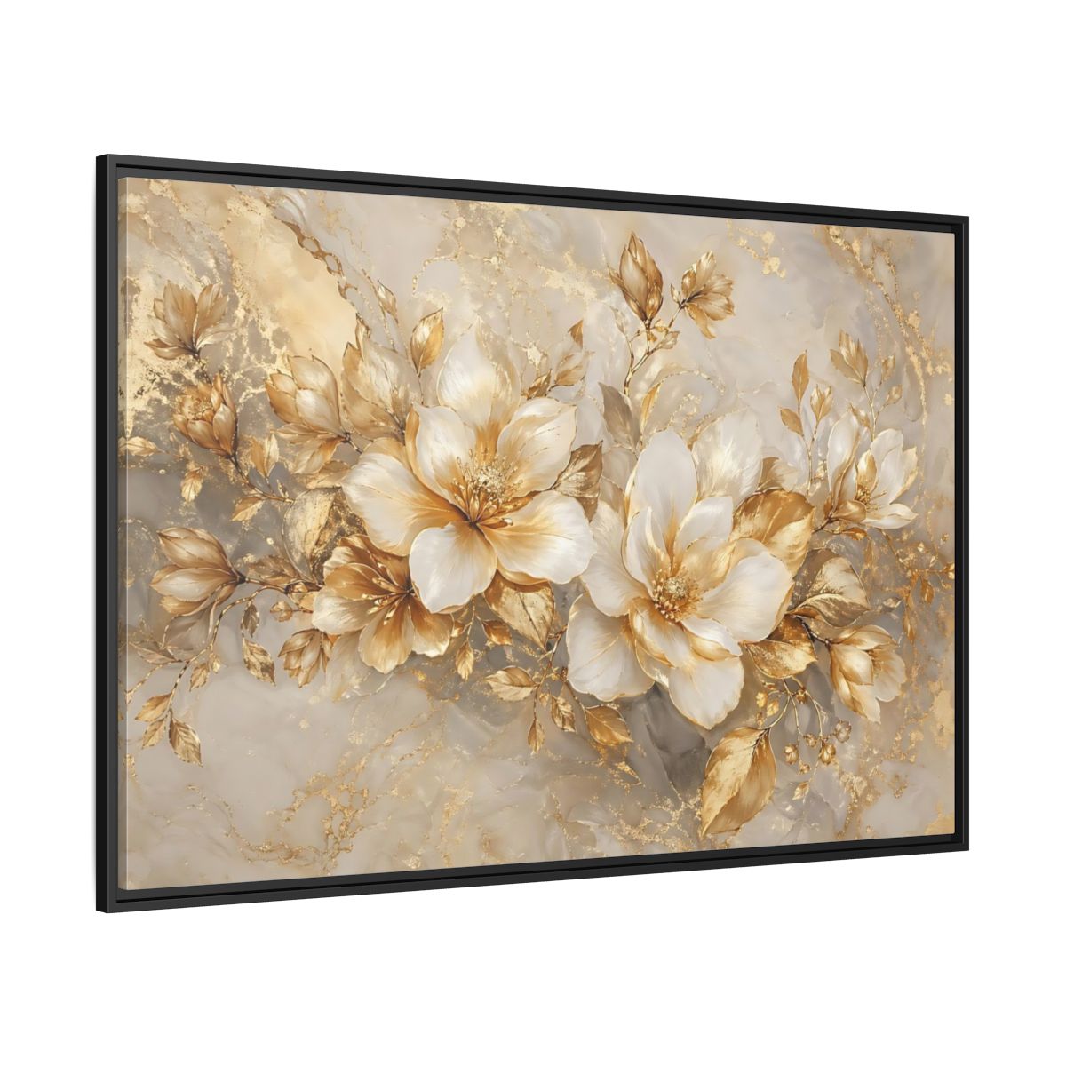Side Mockup 12. Floral Gold Flowers Gold And White Floral shown as stretched canvas wall art