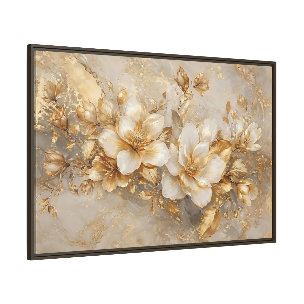 Side Mockup 8. Floral Gold Flowers Gold And White Floral shown as stretched canvas wall art