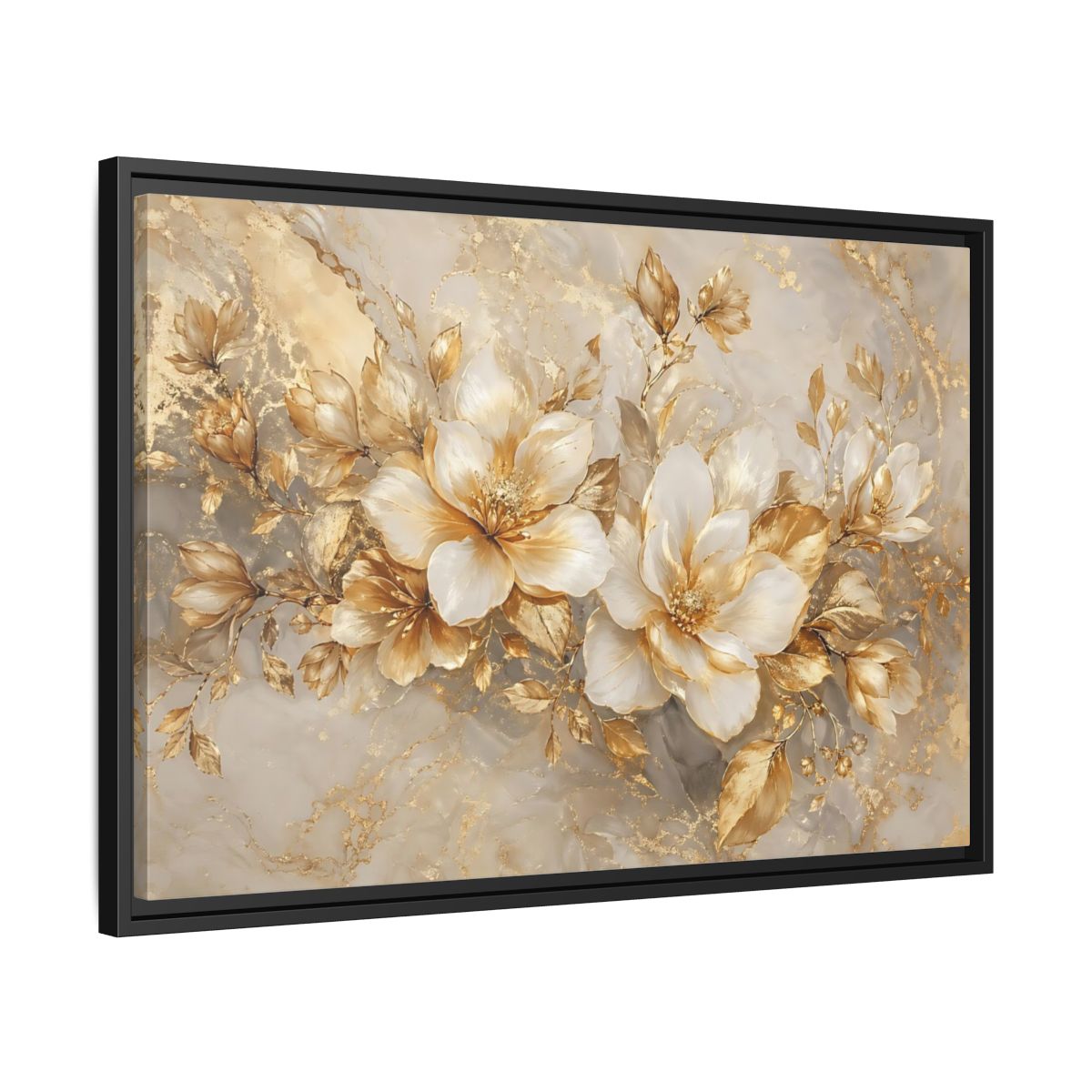 Side Mockup 14. Floral Gold Flowers Gold And White Floral shown as stretched canvas wall art