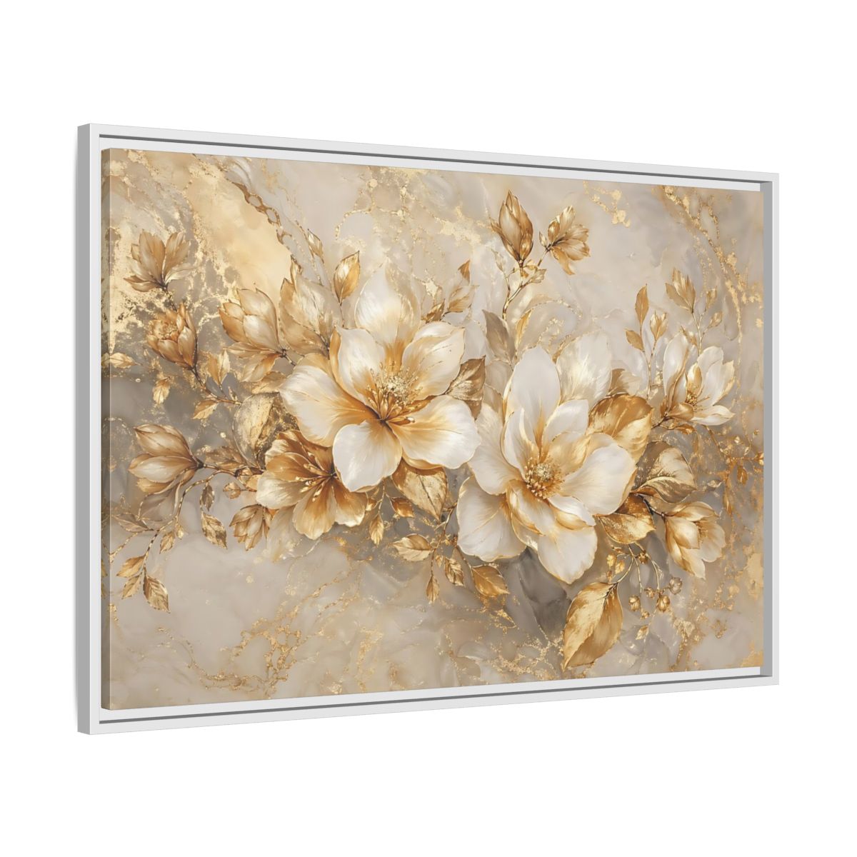 Side Mockup 9. Floral Gold Flowers Gold And White Floral shown as stretched canvas wall art