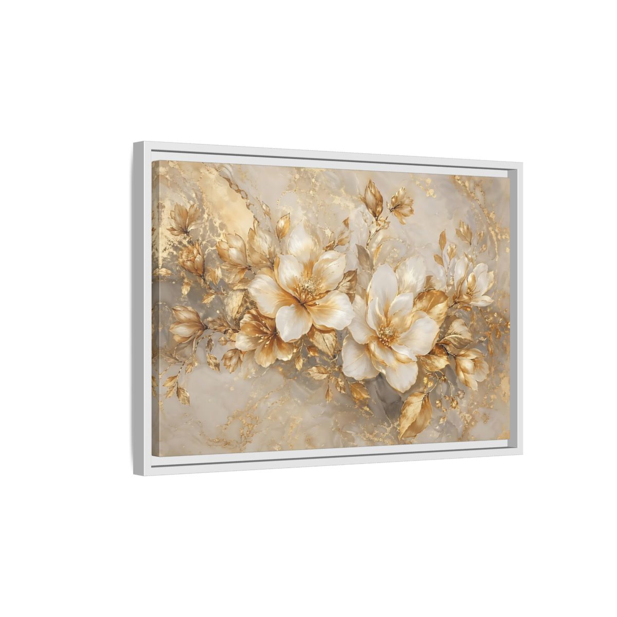Side Mockup 1. Floral Gold Flowers Gold And White Floral shown as stretched canvas wall art