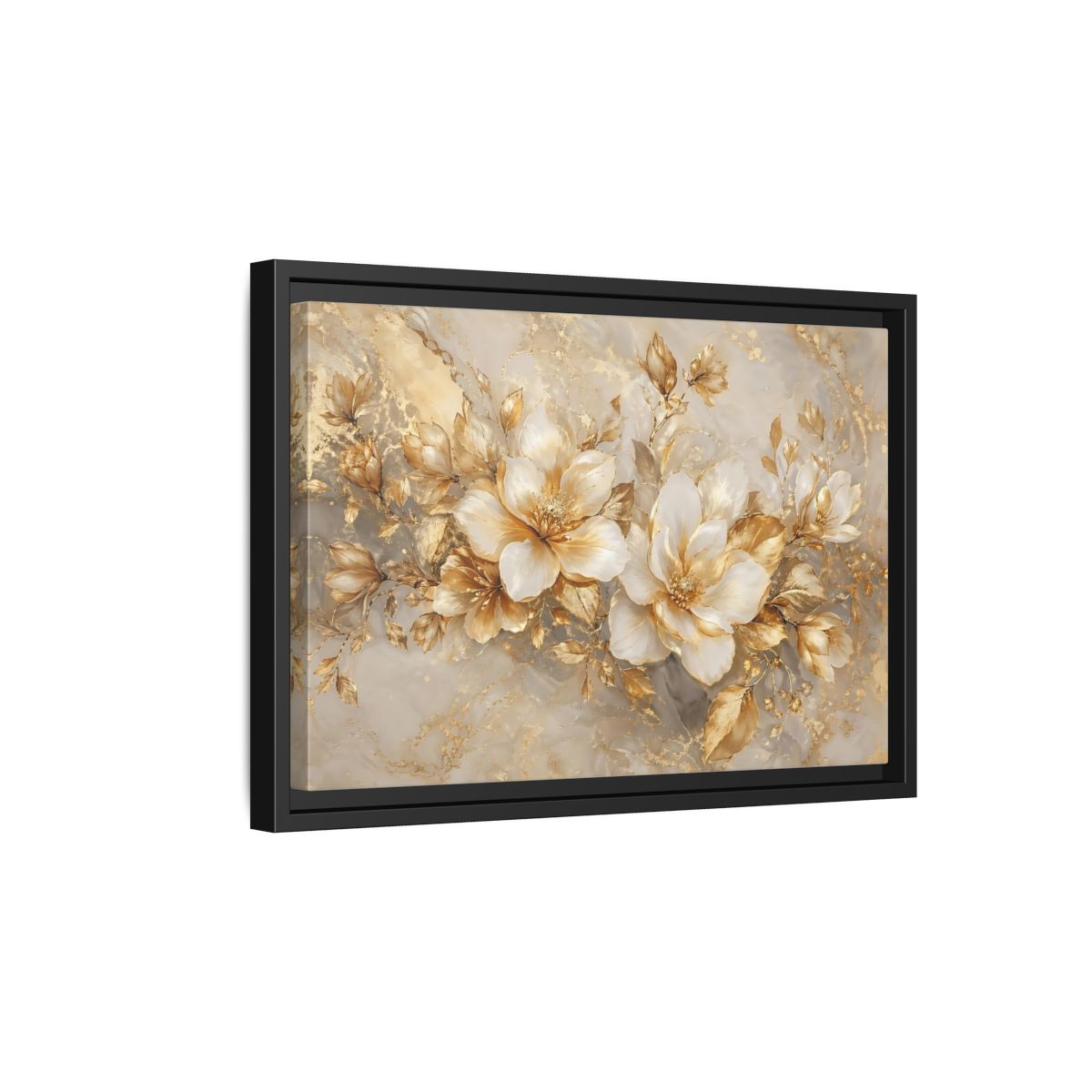 Side Mockup 6. Floral Gold Flowers Gold And White Floral shown as stretched canvas wall art